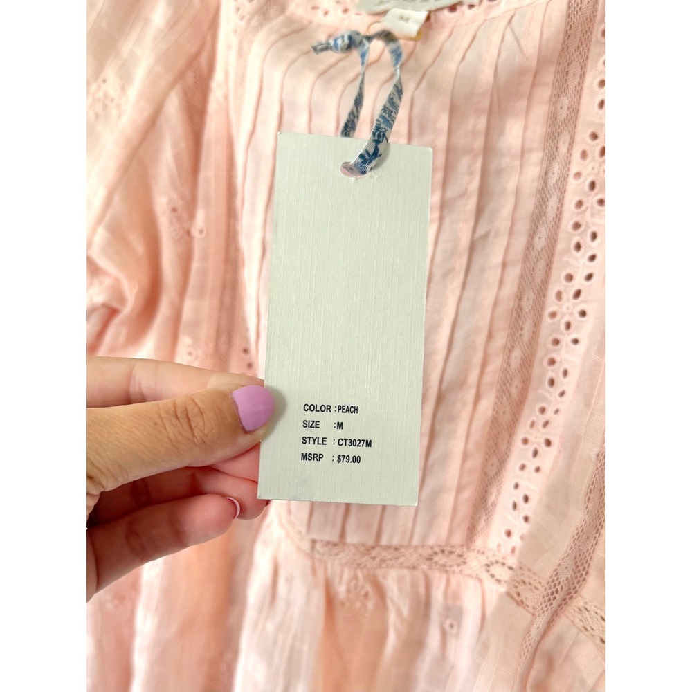 Jennifer & Grace Cotton Eyelet Lace Puff Sleeve Babydoll Blouse Pink Medium NWT - Picture 4 of 6